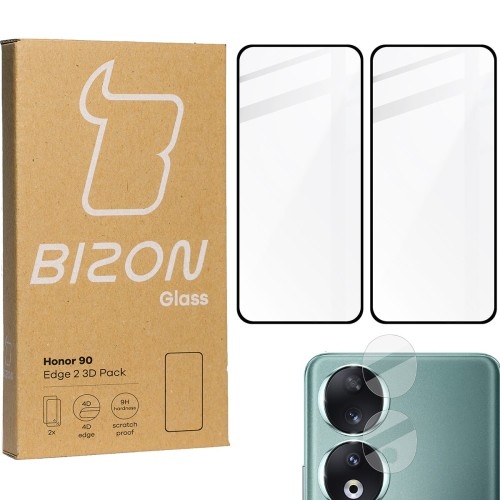 Image of Szkło hartowane Bizon Glass Edge 2 3D Pack - 2 sztuki + ochrona na obiektyw, Honor 90, czarne