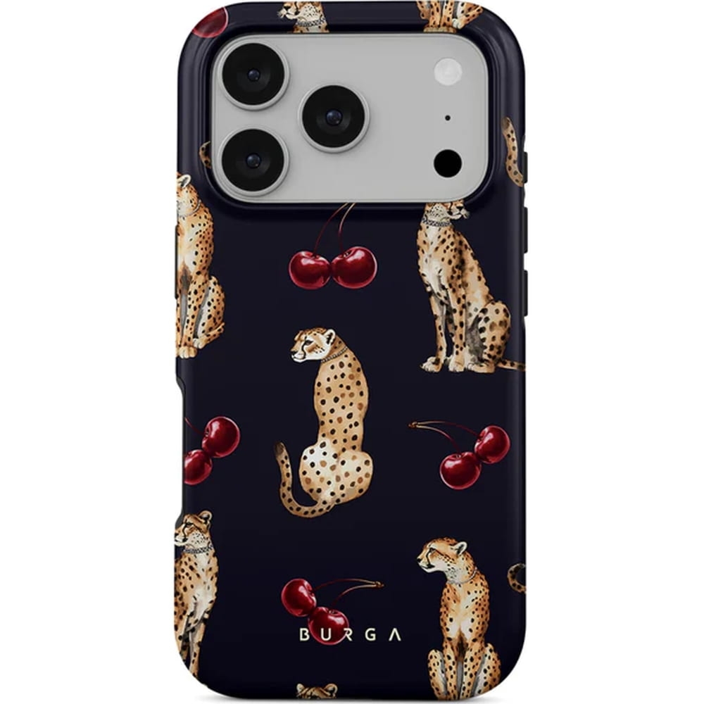 Etui Burga Cougar Tough Magnetic do iPhone 17 Pro, granatowe z wiśniami i gepardem