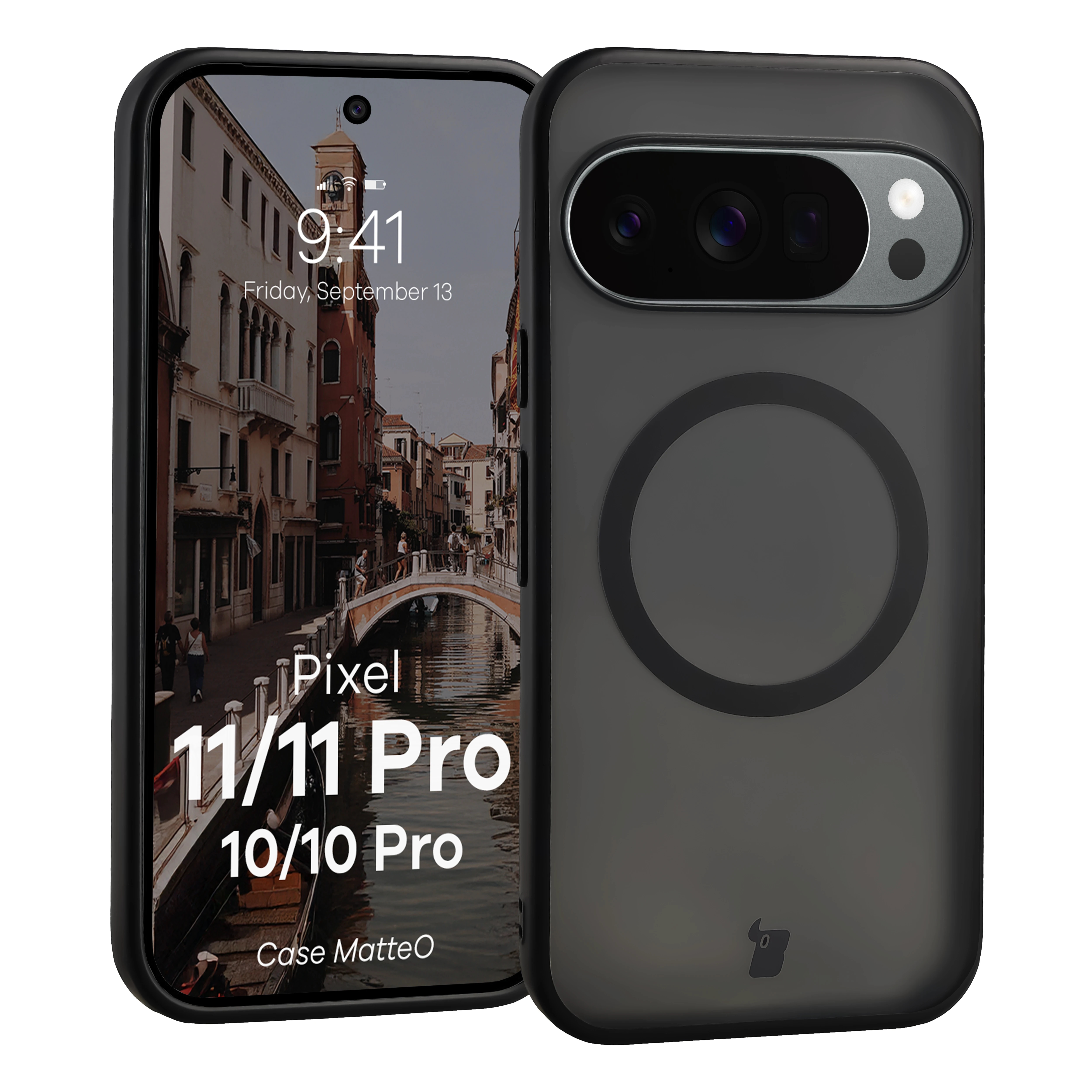 Etui z pierścieniem magnetycznym Bizon Case MatteO do Google Pixel 11 / 11 Pro / 10 / 10 Pro, przydymione-czarne