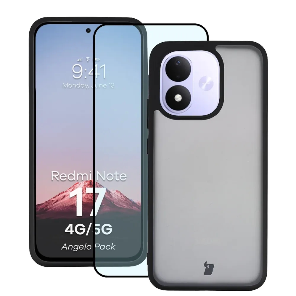 Etui + szkło hartowane Bizon Angelo Pack do Xiaomi Redmi Note 17 4G/5G, przydymione z czarną ramką