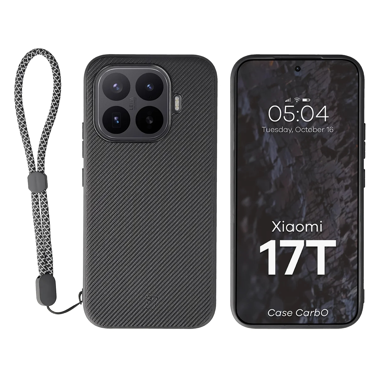 Etui ze smyczką na nadgarstek i pierścieniem magnetycznym Bizon Case CarbO do Xiaomi 17T, czarne