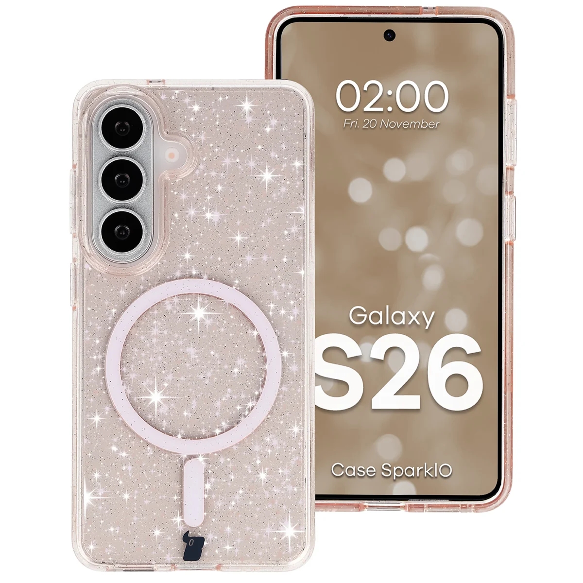 Etui brokatowe z pierścieniem magnetycznym Bizon Case SparklO do Galaxy S26, przezroczysto-jasnopomarańczowe z brokatem