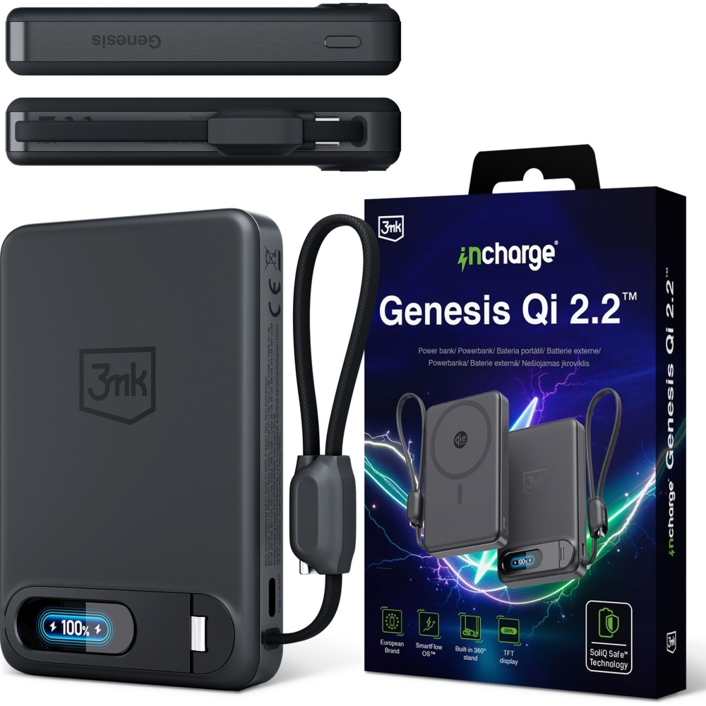 Powerbank indukcyjny 3mk incharge Genesis Qi 2.2 do MagSafe, 25W, USB-C PD 45W, 10 000mAh z wbudowanym kablem USB-C, czarny
