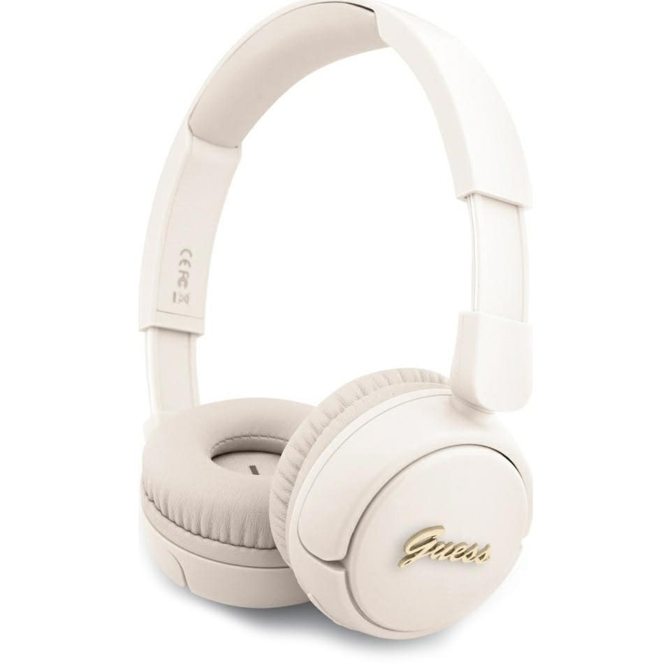 Image of Bezprzewodowe słuchawki nauszne Guess Metal Logo Script Logo Bluetooth 5.3, beżowe