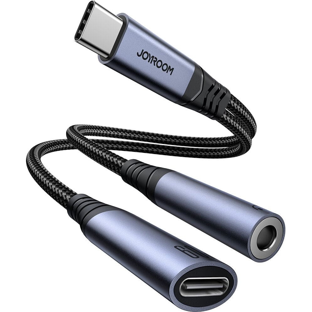 Image of OUTLET: Adapter, przejściówka 2w1 Joyroom SY-C02, USB-C - USB-C PD / Jack 3,5mm DAC, czarna