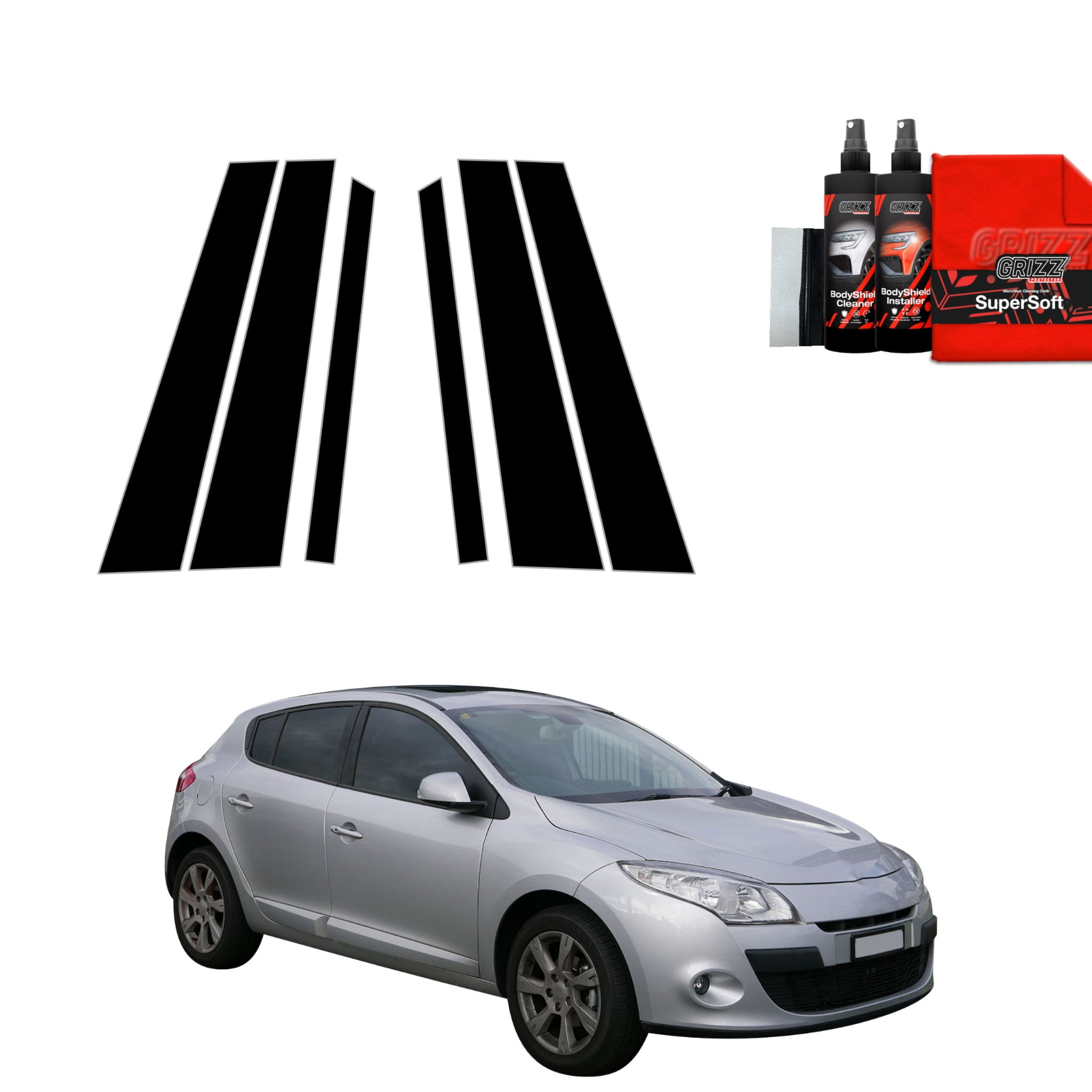 6w1 Czarna folia Grizz Protector na słupki do Renault Megane 3 Kombi 5D (2008-2012)