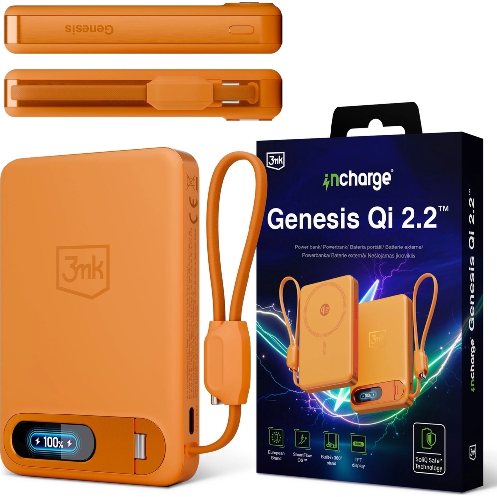 Powerbank indukcyjny 3mk incharge Genesis Qi 2.2 do MagSafe, 25W, USB-C PD 45W, 10 000mAh z wbudowanym kablem USB-C, pomarańczowy