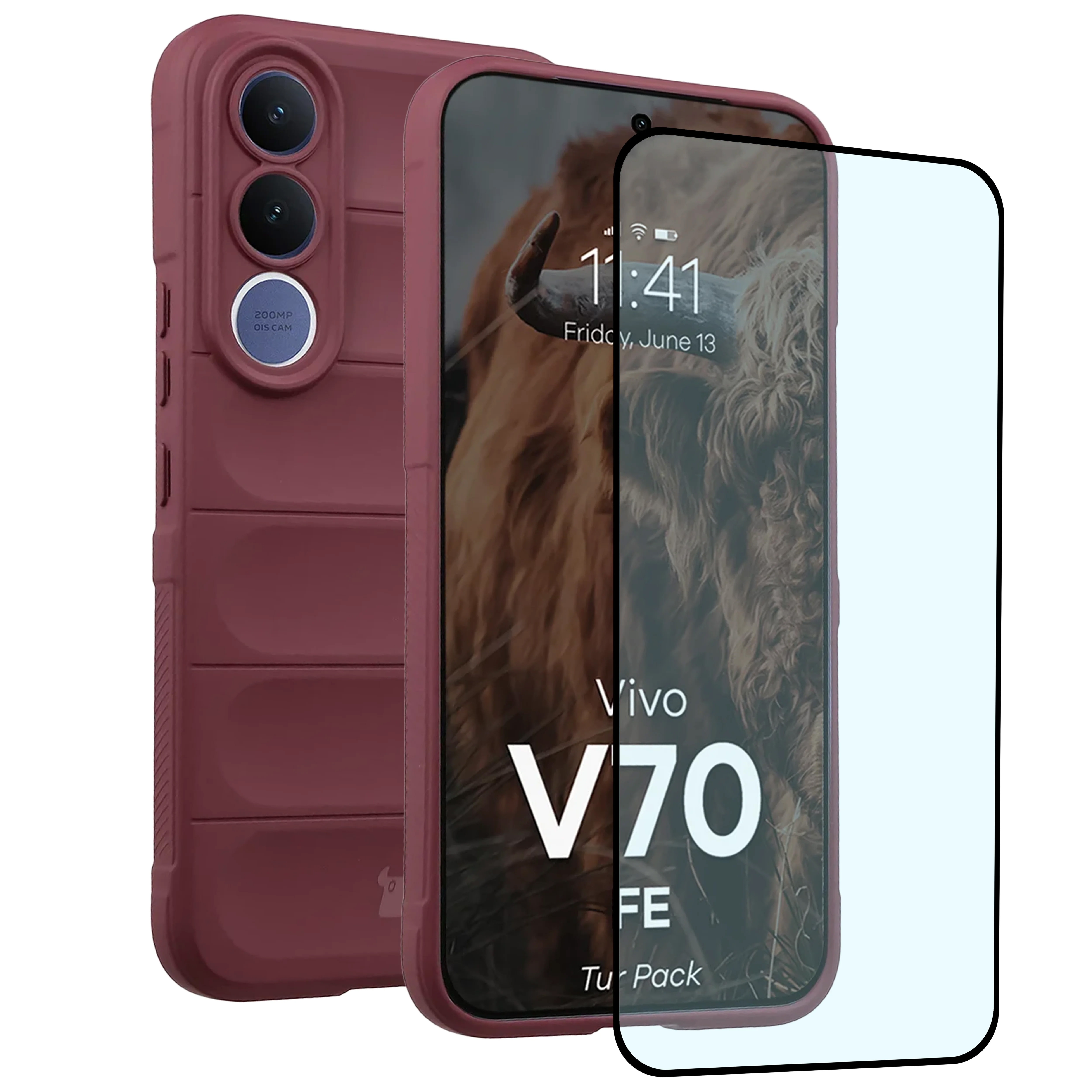 Pancerne etui + szkło hartowane Bizon Tur Pack do Vivo V70 FE 5G, burgundowe