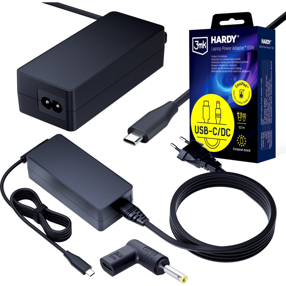 Zasilacz sieciowy 3mk do laptopa USB-C PD 65W, DC 4,0×1,7 mm do Lenovo, Huawei, HP, Acer, Asus, Toshiba, IBM, 3,2 m, czarny