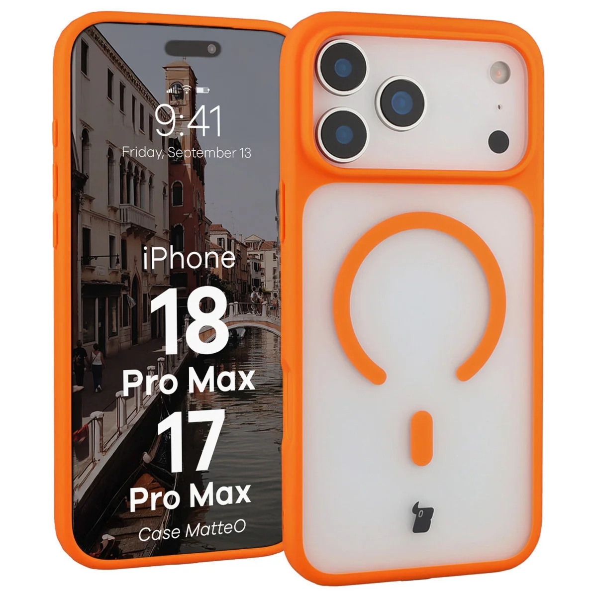 Etui z pierścieniem magnetycznym Bizon Case MatteO do iPhone 18 Pro Max / 17 Pro Max, przydymione-pomarańczowe