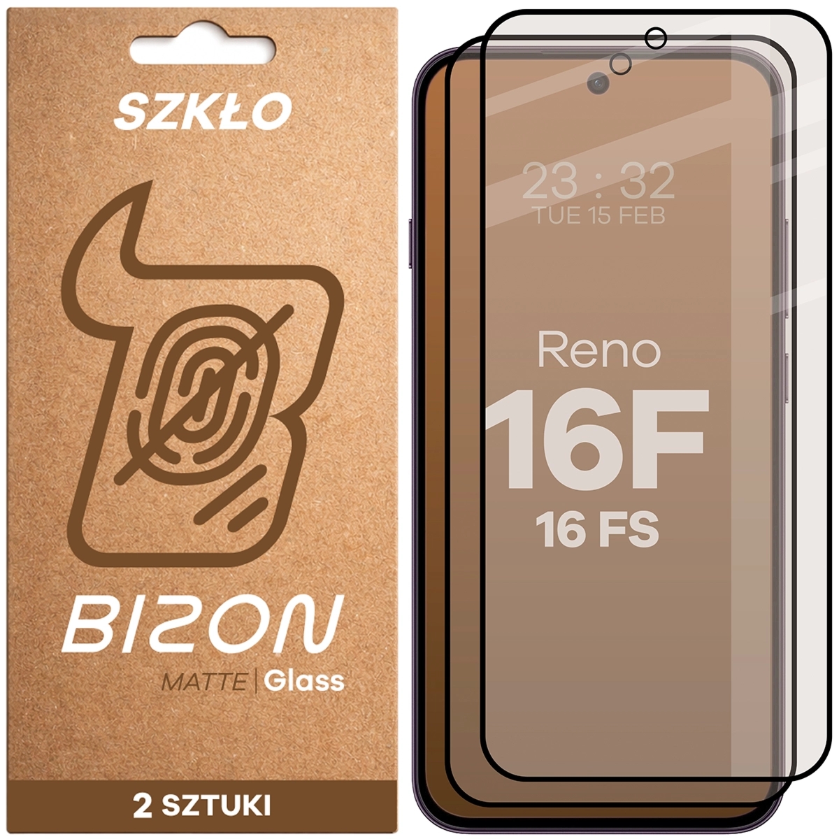 Matowe szkło hartowane Bizon Glass Matte Duo do OPPO Reno16 F, OPPO Reno16 FS, czarna ramka, 2 sztuki