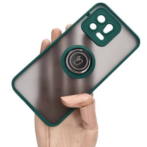 Image of Etui z uchwytem na palec Bizon Case Hybrid Ring do Xiaomi 13, przydymione z ciemnozieloną ramką