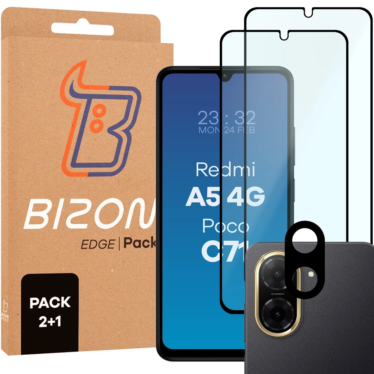 Image of 2x Szkło + szybka na aparat Bizon Edge 2 Pack do Xiaomi Redmi A5 4G / POCO C71 4G