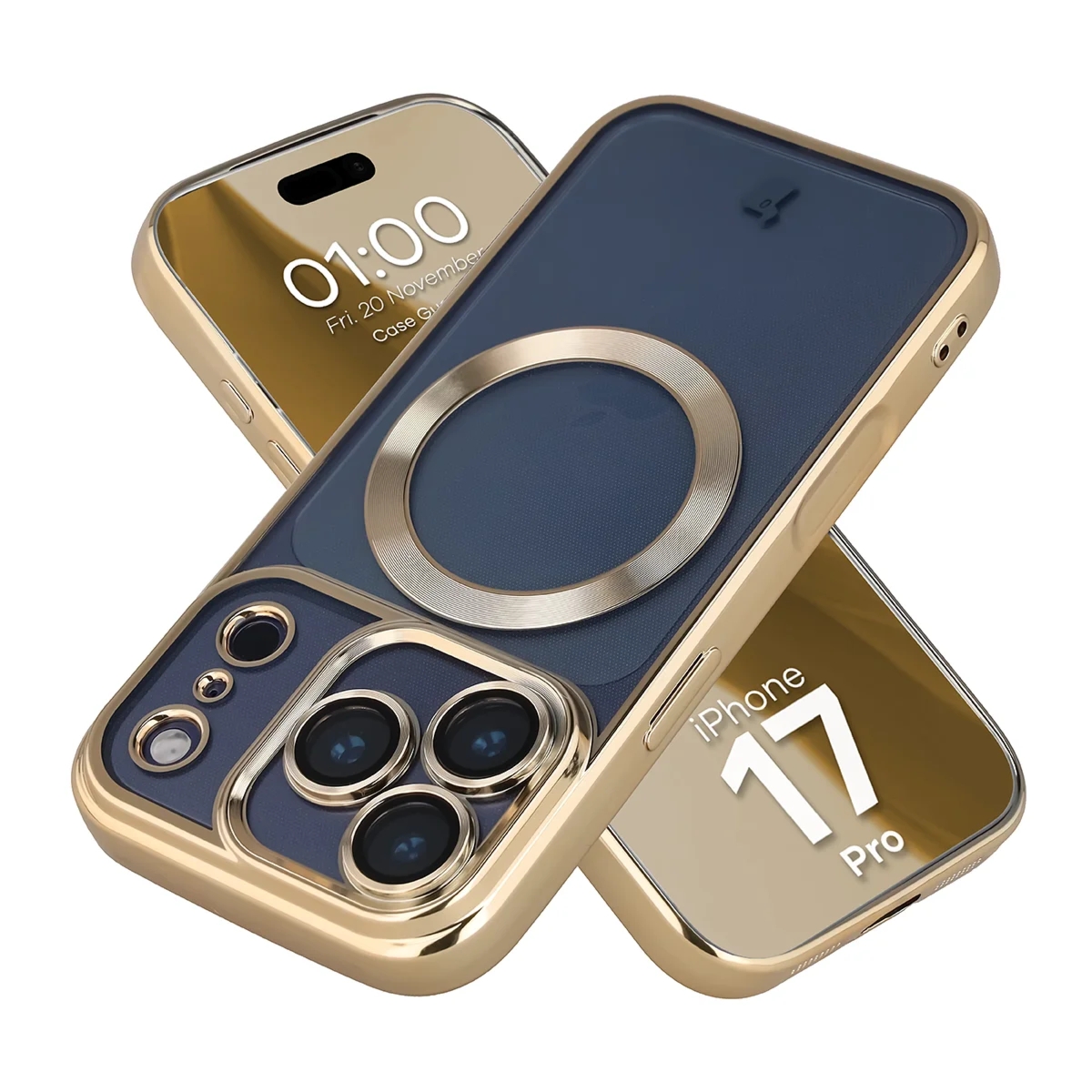 Etui z ochroną aparatu i pierścieniem magnetycznym Bizon Case GuardO do iPhone 17 Pro, przezroczysto-złote