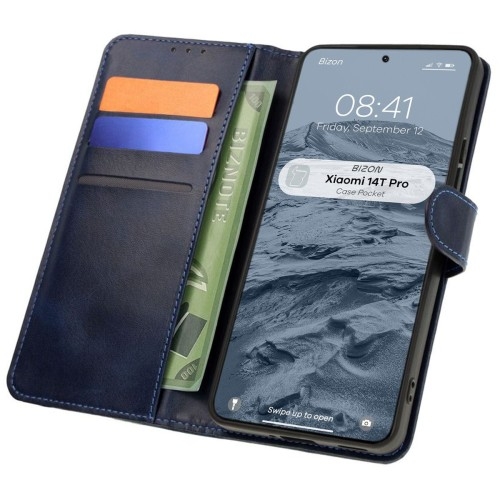 Image of Etui z klapką Bizon Case Pocket do Xiaomi 14T Pro, granatowe