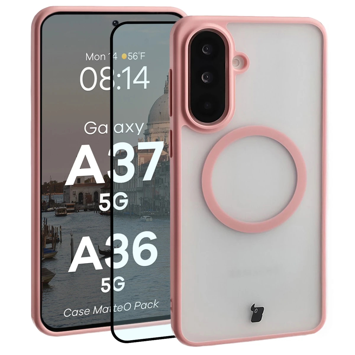 Etui z pierścieniem magnetycznym + szkło hartowane Bizon MatteO Pack do Galaxy A37 5G / A36 5G, przydymione-jasnoróżowe