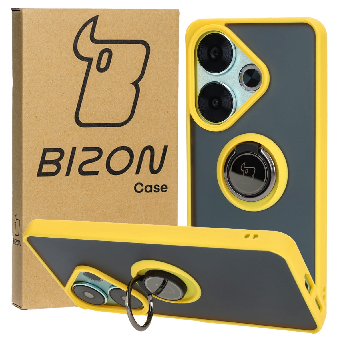 Etui z uchwytem na palec Bizon Case Hybrid Ring do Xiaomi Poco F6, przydymione z żółtą ramką