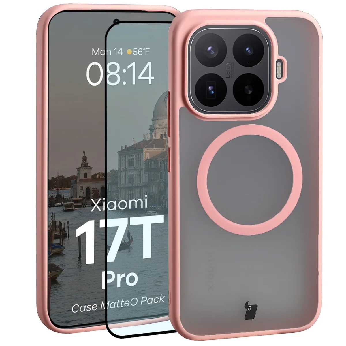 Etui z pierścieniem magnetycznym + szkło hartowane Bizon MatteO Pack do Xiaomi 17T Pro, przydymione-jasnoróżowe