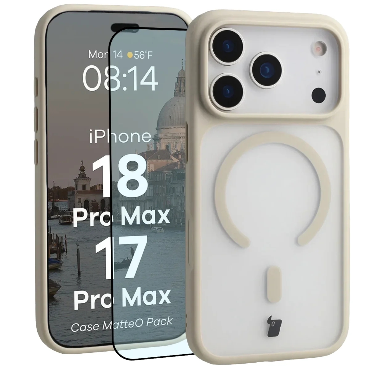 Etui z pierścieniem magnetycznym + szkło hartowane Bizon MatteO Pack do iPhone 18 Pro Max / 17 Pro Max, przydymione-beżowe