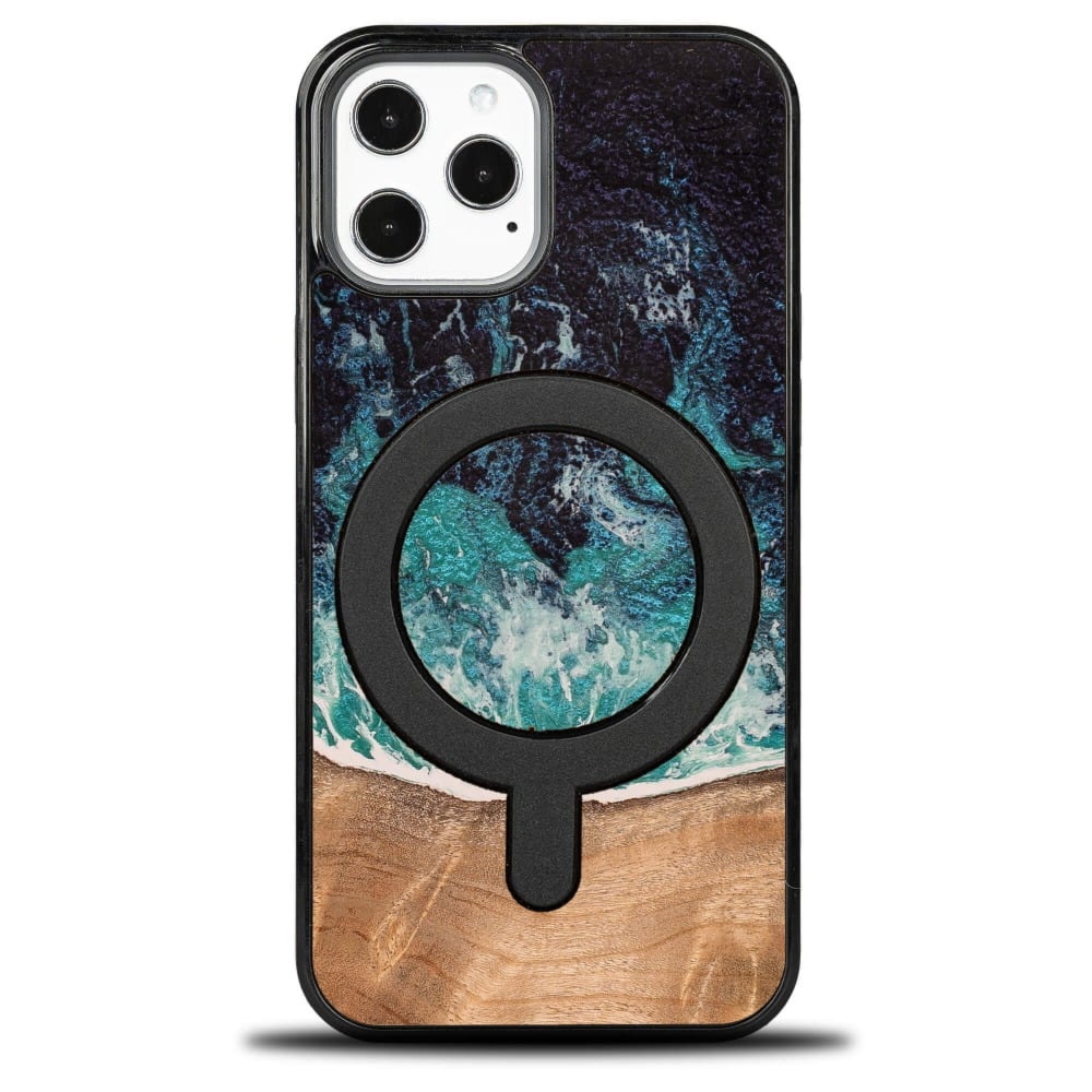 Drewniane etui do iPhone 12 Pro Max, Bewood Unique Dream Island do MagSafe, niebiesko-brązowe