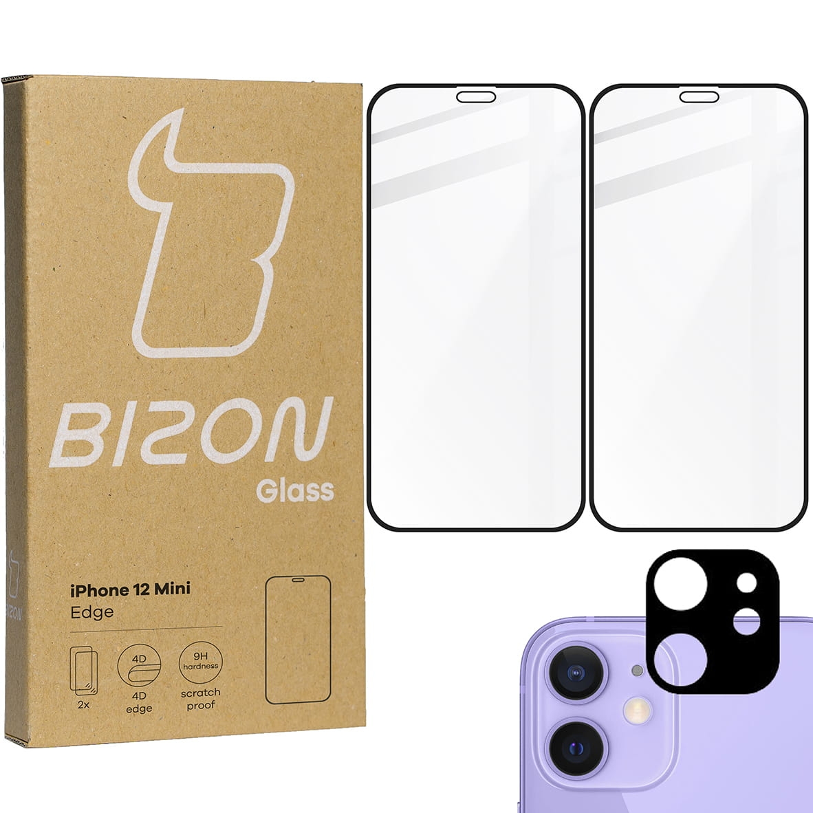 Image of 2x Szkło + szybka na aparat Bizon Edge Pack, iPhone 12 Mini, czarne