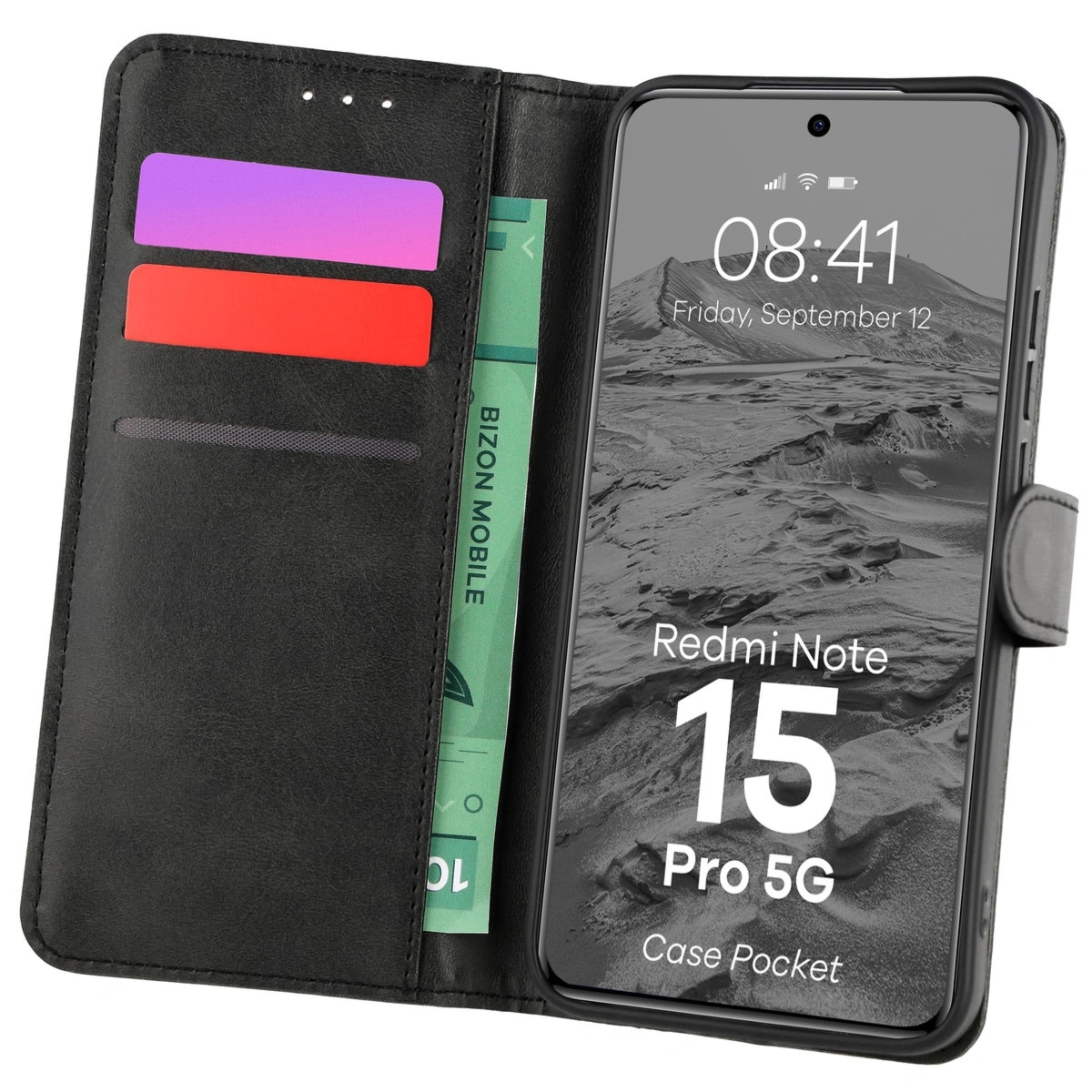 Etui z klapką Bizon Case Pocket do Xiaomi Redmi Note 15 Pro 5G, czarne