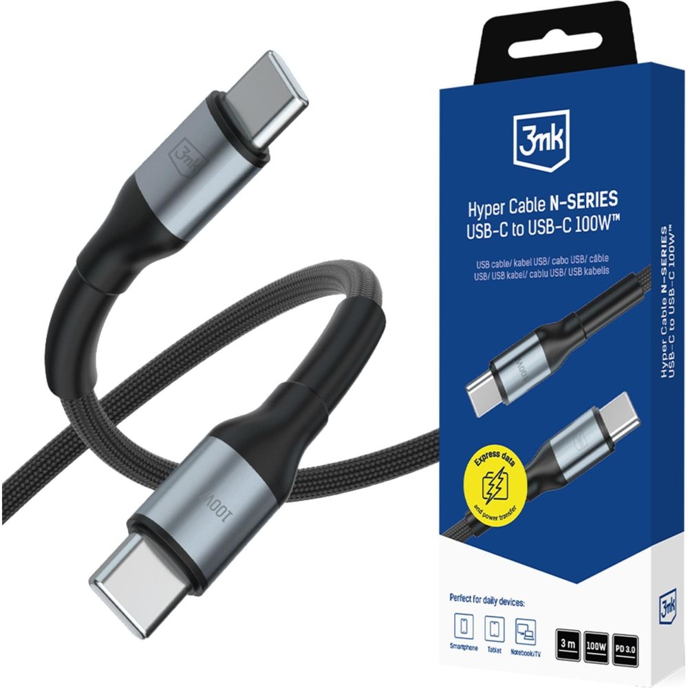 Kabel z oplotem 3mk Hyper Cable USB-C do USB-C, 100W, PD, QC, 3 m, czarny