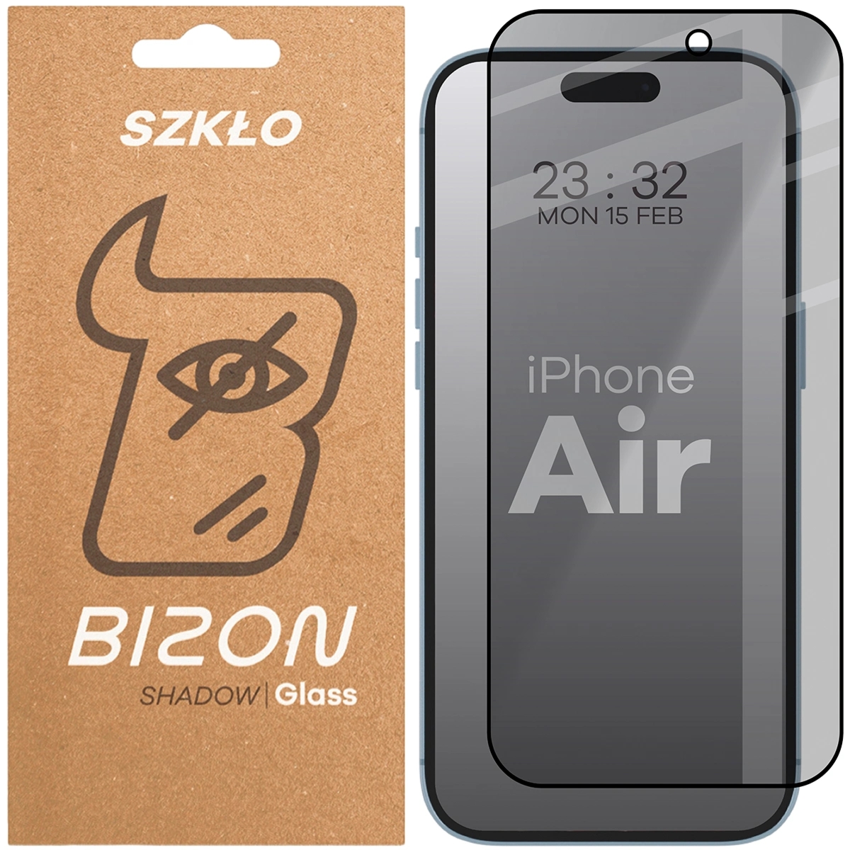 Prywatyzujące szkło hartowane Bizon Glass Edge Shadow do iPhone Air, przyciemniane z czarną ramką