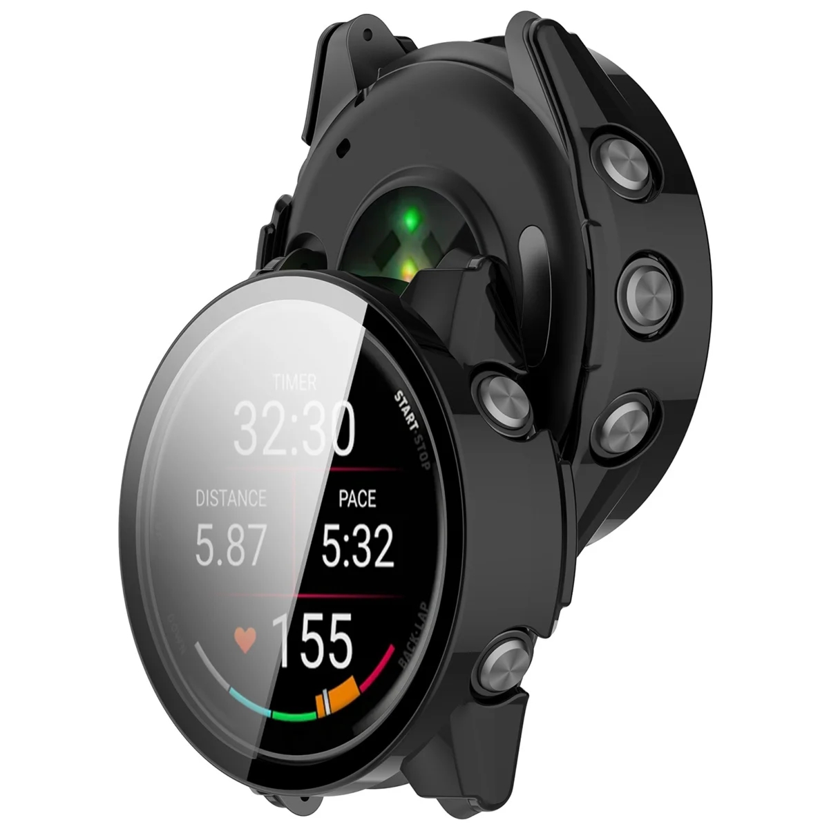 Etui ze szkłem do zegarka Bizon Case Watch Adamo do Garmin Forerunner 70 / 170 / 170 Music, czarne