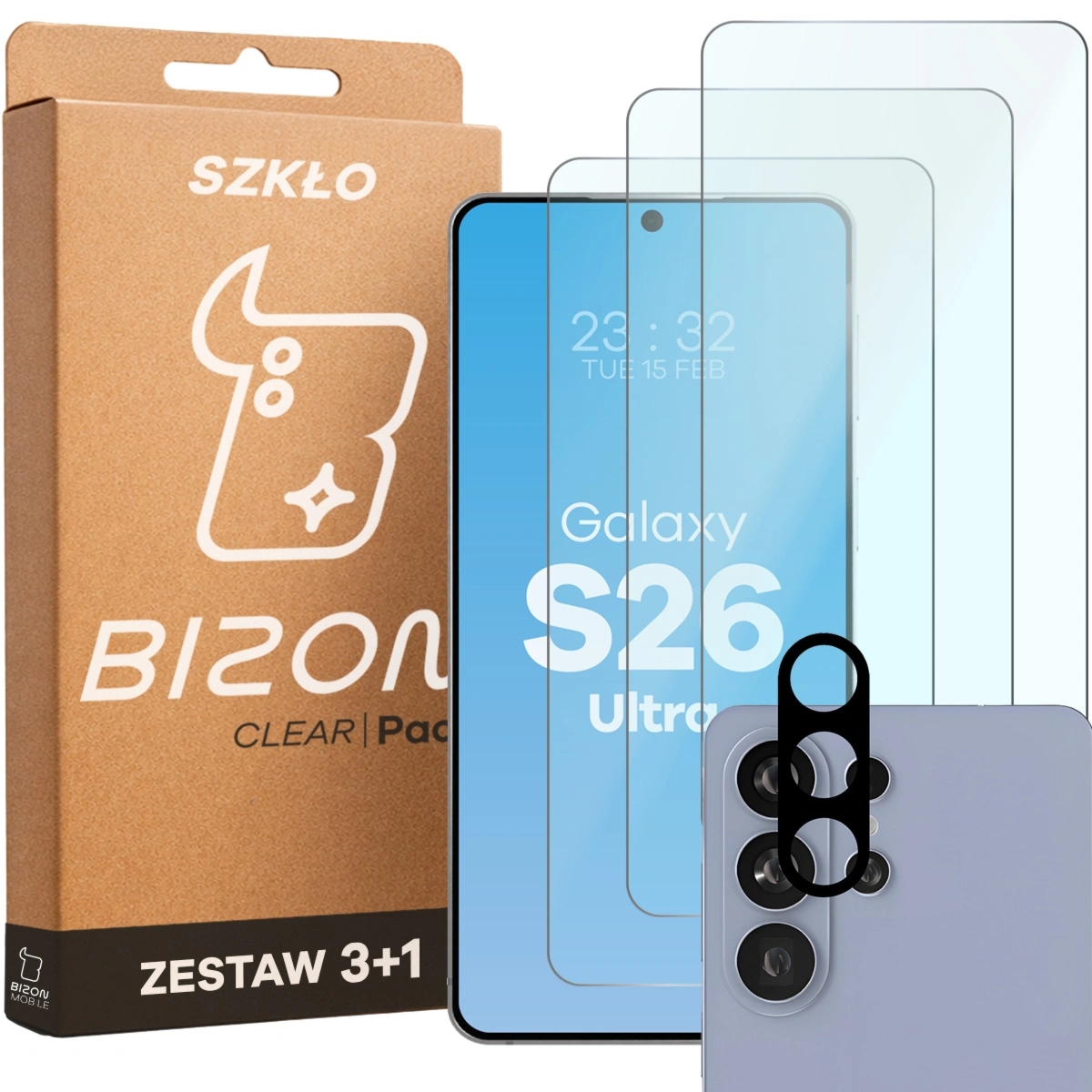 3x Szkło hartowane + szybka na aparat Bizon Glass Clear Pack do Galaxy S26 Ultra