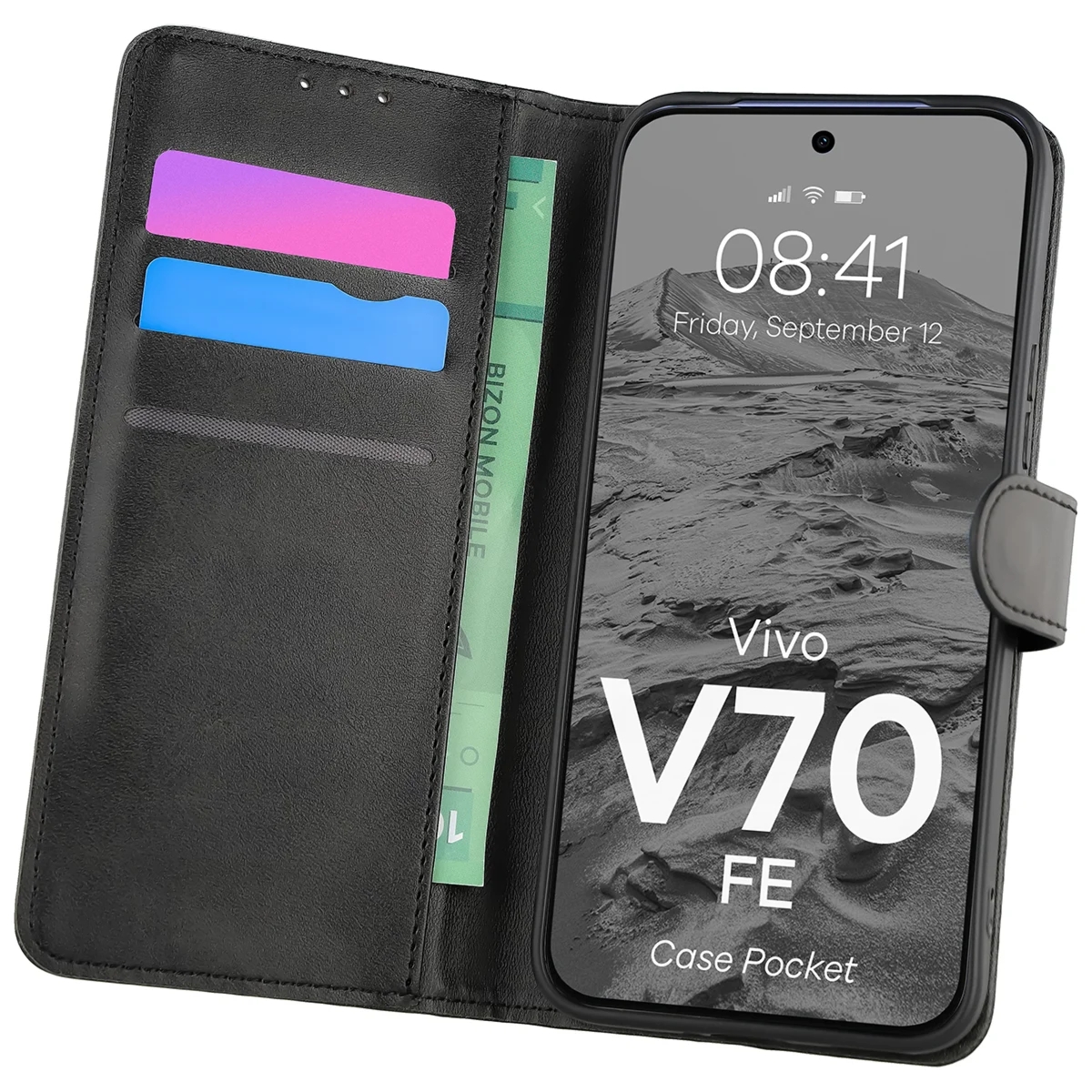 Etui z klapką Bizon Case Pocket do Vivo V70 FE 5G, czarne