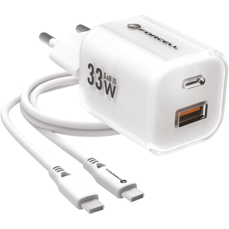Ładowarka sieciowa GaN3 USB-C PD, USB-A QC 4.0, 33W, Forcell Wall Charger, kabel USB-C, biała