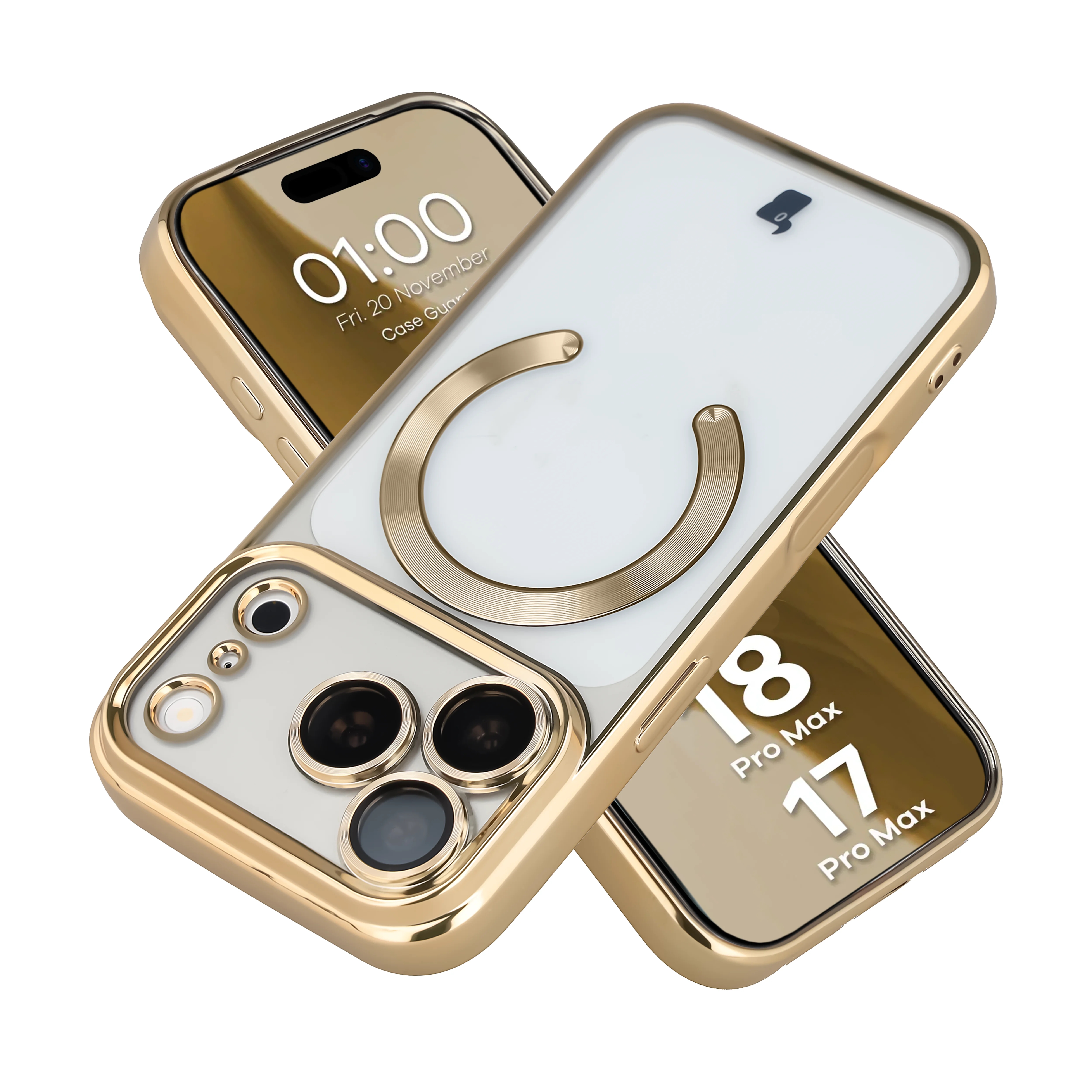Etui z ochroną aparatu i pierścieniem magnetycznym Bizon Case GuardO do iPhone 18 Pro Max / 17 Pro Max, przezroczysto-złote