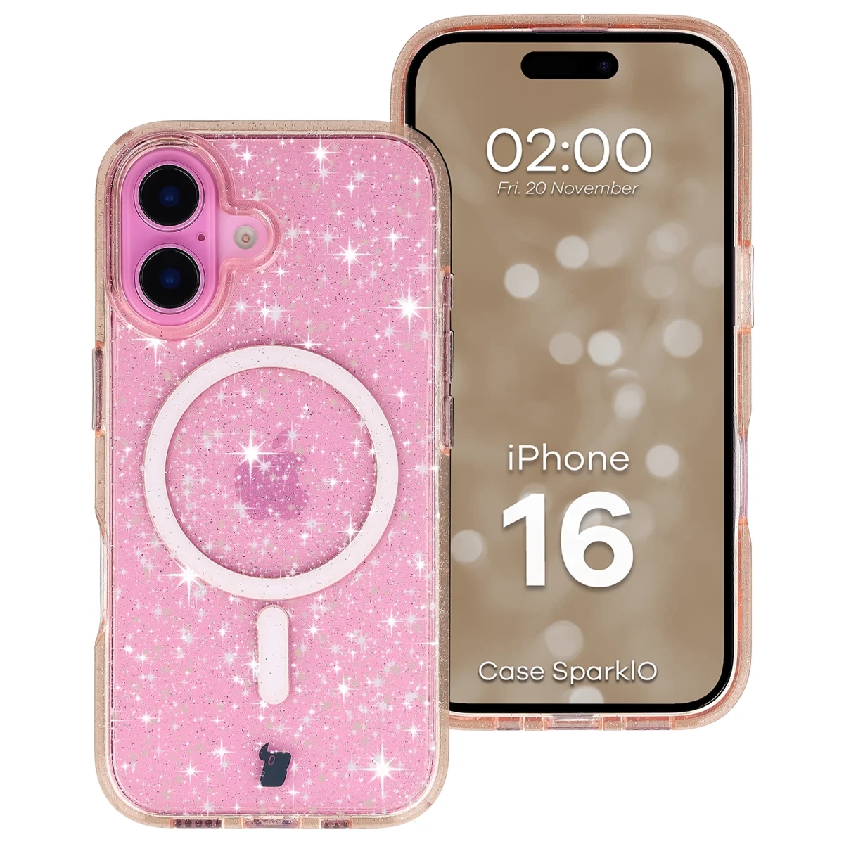 Etui brokatowe z pierścieniem magnetycznym Bizon Case SparklO do iPhone 16, przezroczysto-jasnopomarańczowe z brokatem