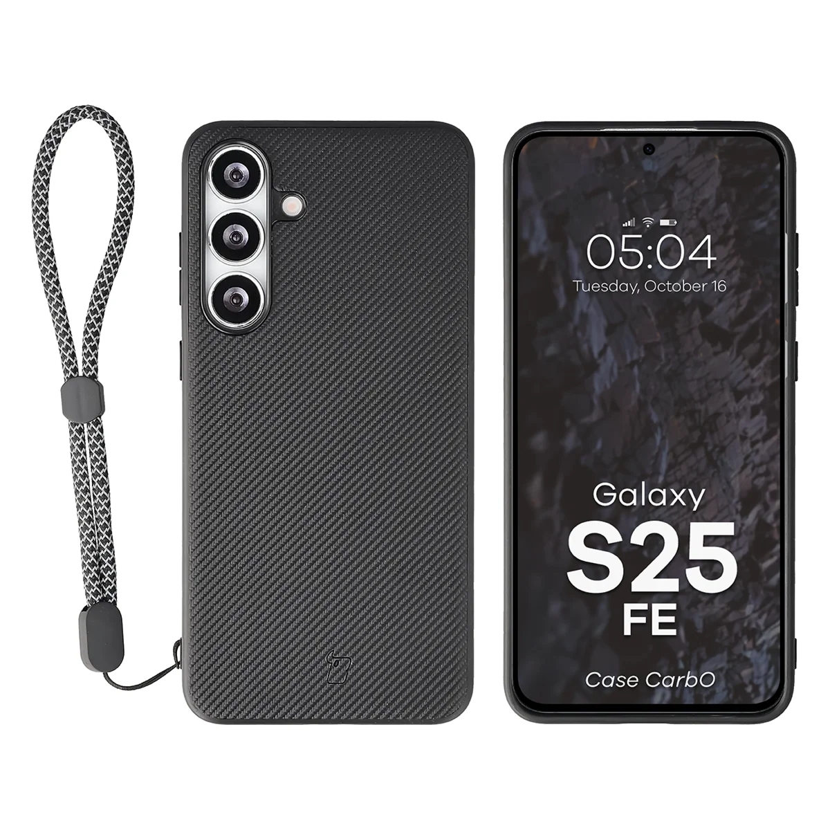 Etui ze smyczką na nadgarstek i pierścieniem magnetycznym Bizon Case CarbO do Galaxy S25 FE, czarne