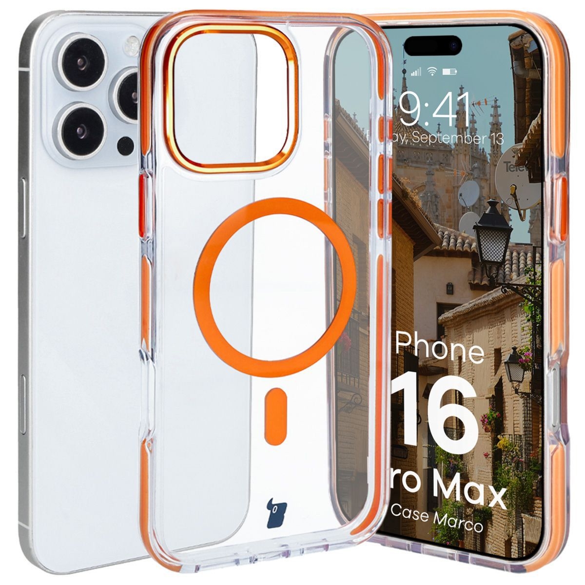 Etui z pierścieniem magnetycznym Bizon Case Marco do iPhone 16 Pro Max, przezroczyste z pomarańczową ramką