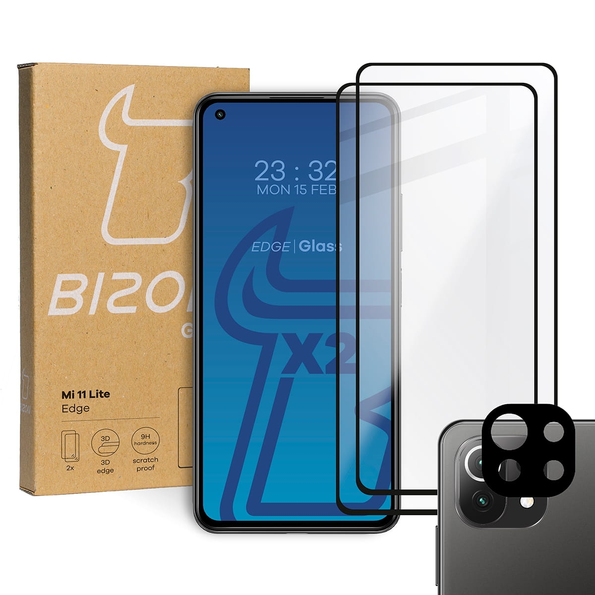 Image of 2x Szkło + szybka na aparat Bizon Edge Pack, Xiaomi Mi 11 Lite / 5G / 5G NE, czarne