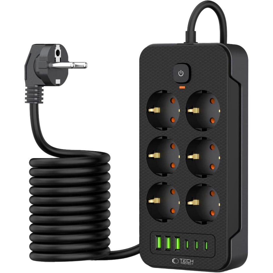 Listwa zasilająca/ przedłużacz Tech-Protect PC6x6, 6x gniazdo sieciowe Schuko, 3x USB-C, 3x USB-A, wraz z kablem 1.85m, czarna