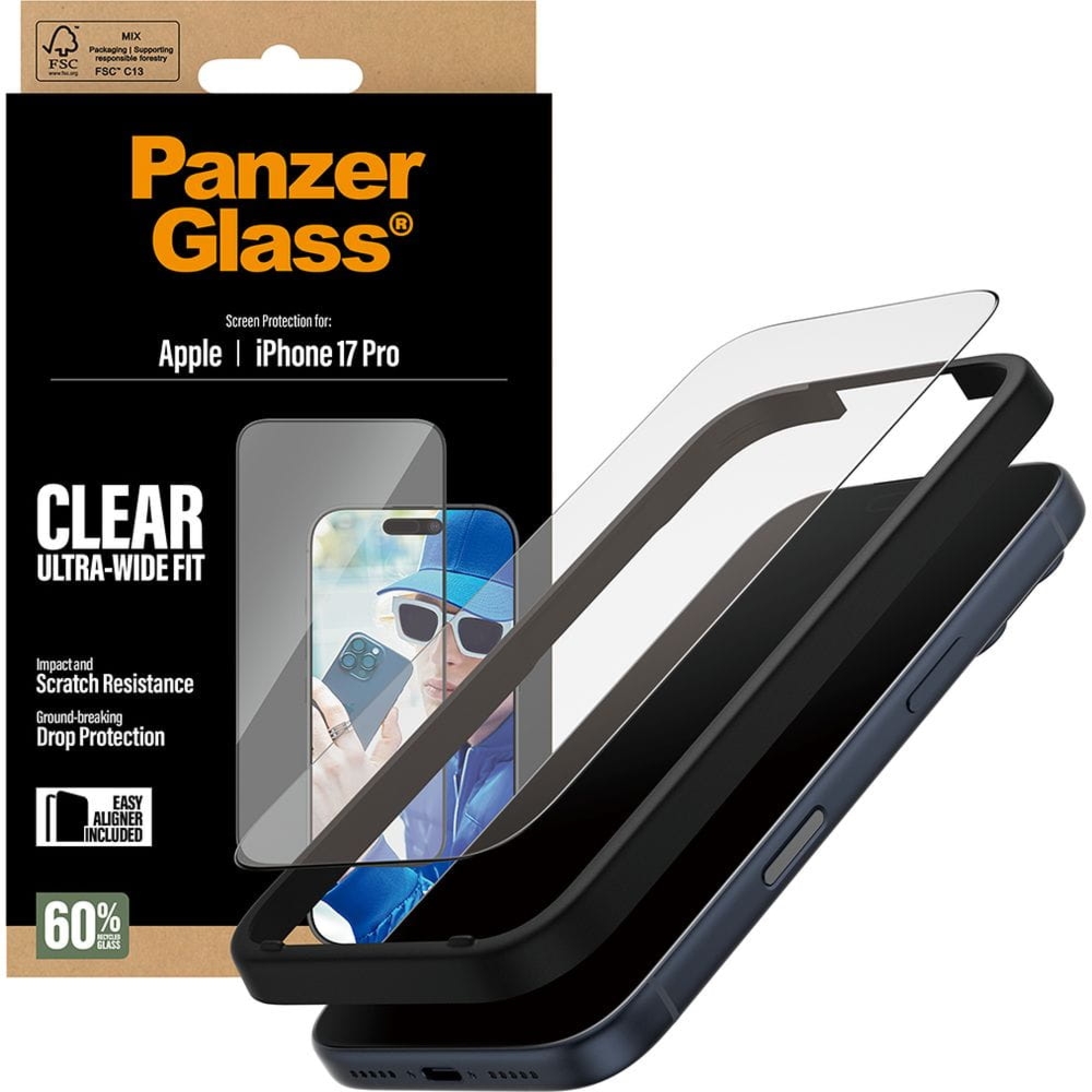 Szkło hartowane z aplikatorem PanzerGlass Ultra-Wide Fit do iPhone 17 Pro, przezroczyste z czarną ramką