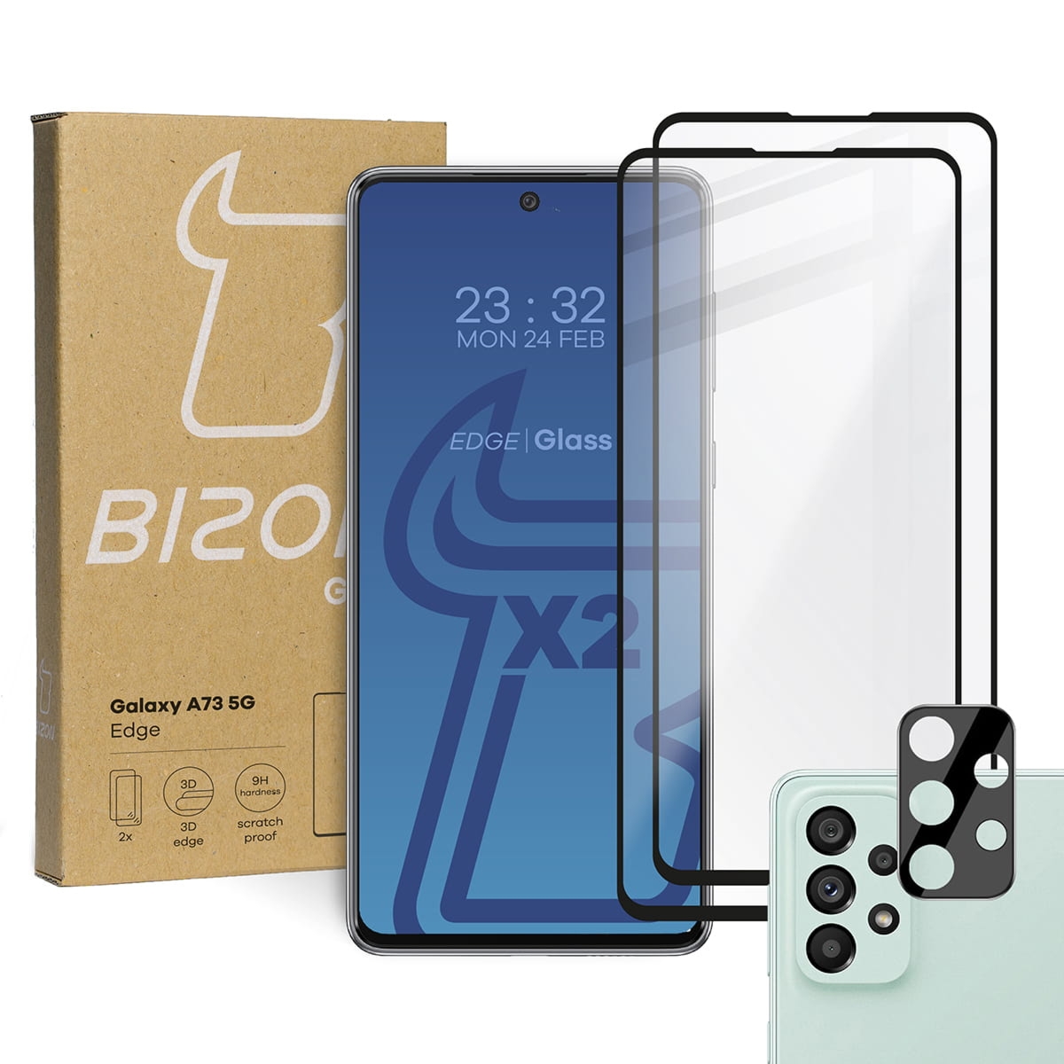 2x Szkło + szybka na aparat Bizon Glass Edge Pack, Galaxy A73, czarne