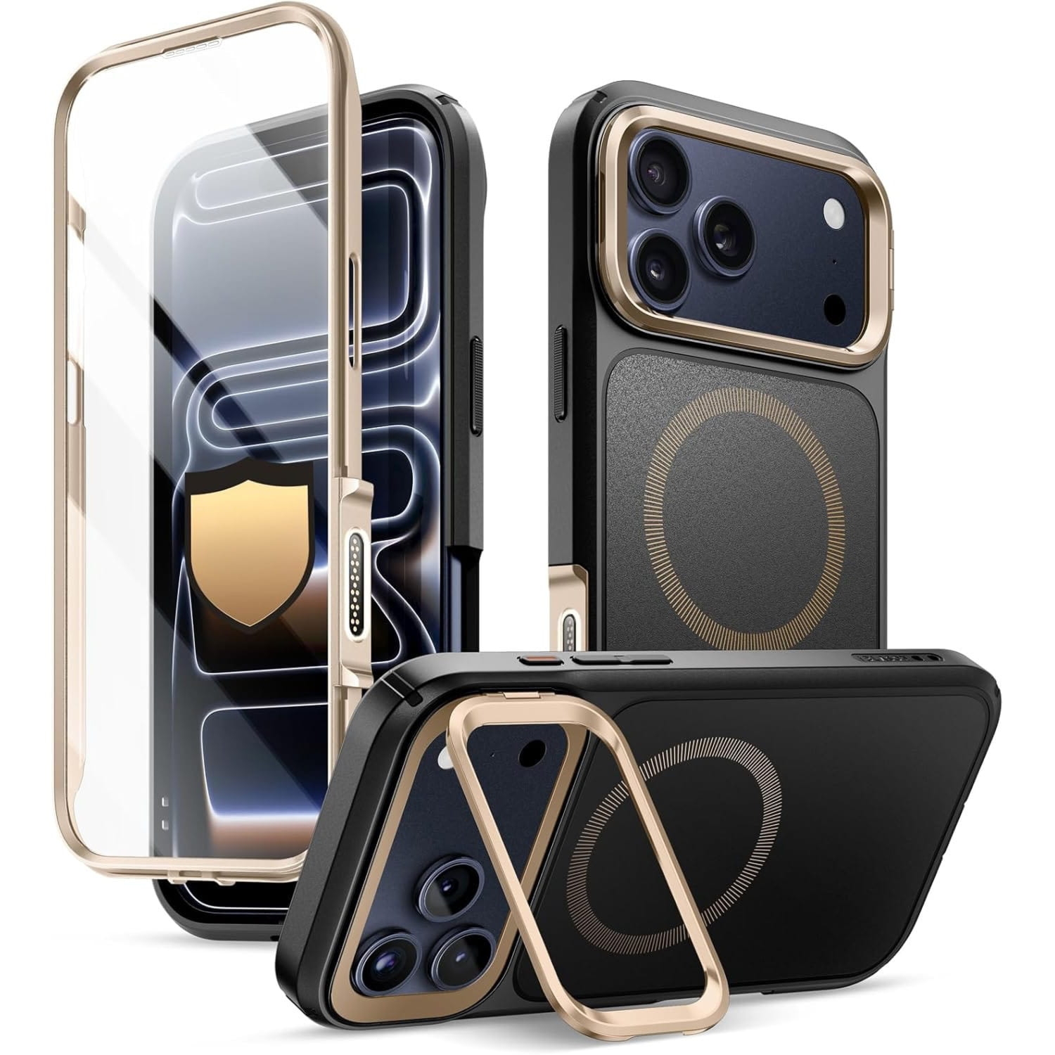 Etui pancerne + szkło 9H Supcase i-Blason Ares Flip Mag SPG (CC) do MagSafe do iPhone 17 Pro, czarno-złote