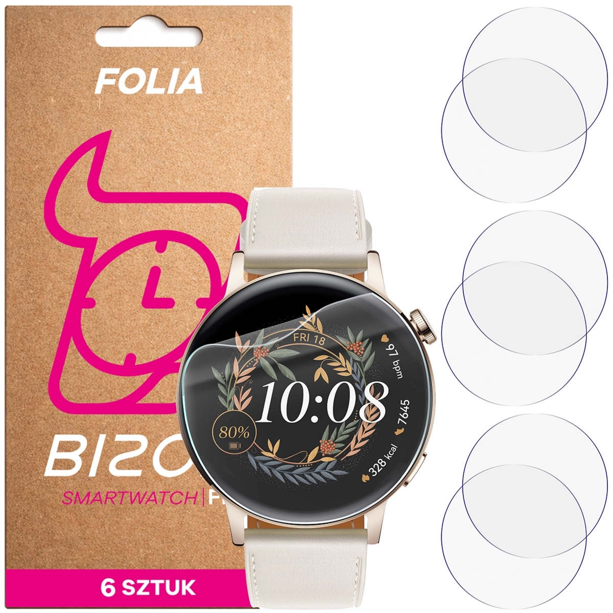 Folia ochronna na ekran zegarka Bizon Watch Film HydroFlex do Huawei Watch GT 3 42 mm, 6 sztuk