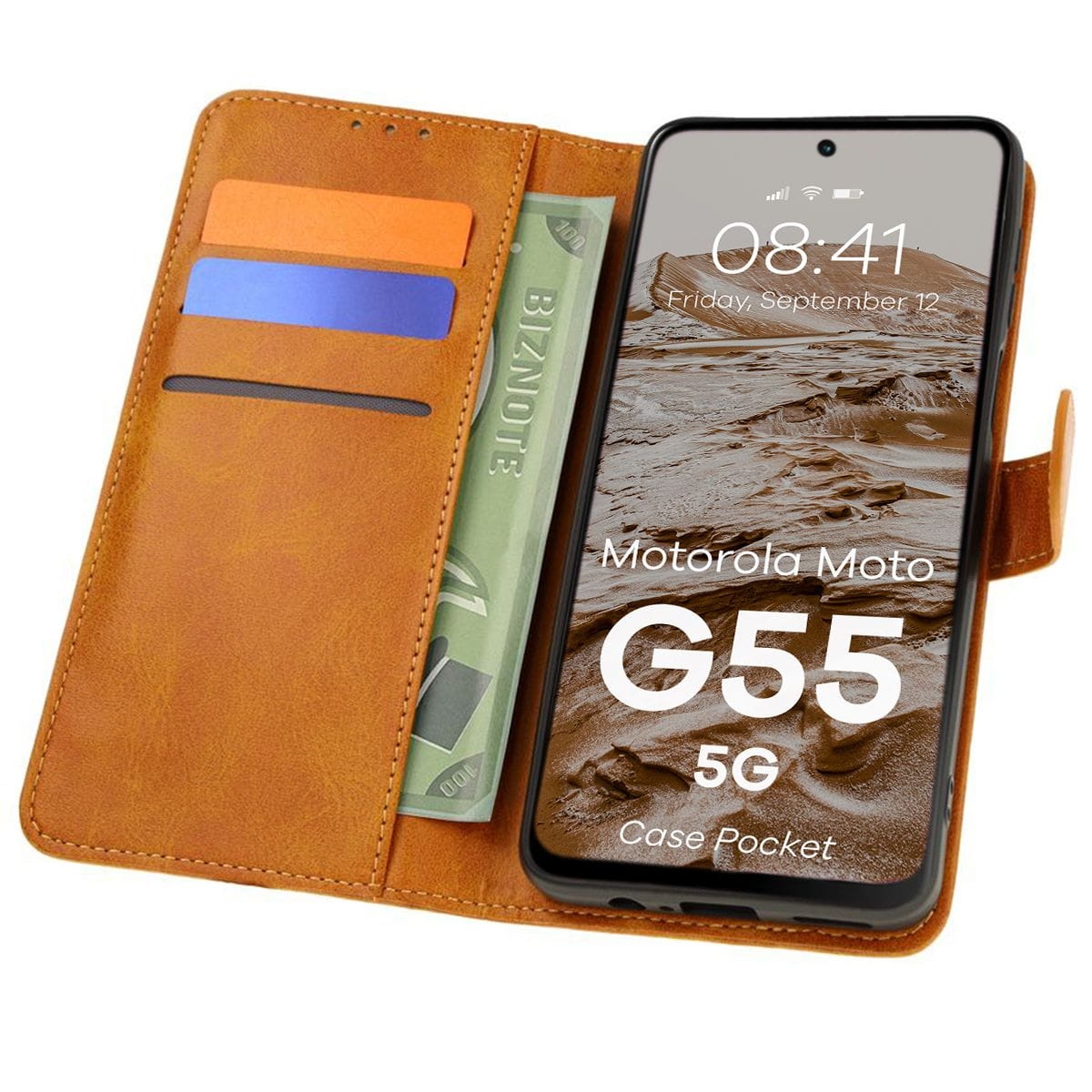 Image of Etui z klapką Bizon Case Pocket do Motorola Moto G55 5G, brązowe
