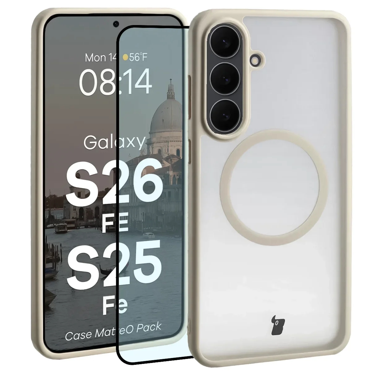Etui z pierścieniem magnetycznym + szkło hartowane Bizon MatteO Pack do Galaxy S26 FE / S25 FE, przydymione-beżowe