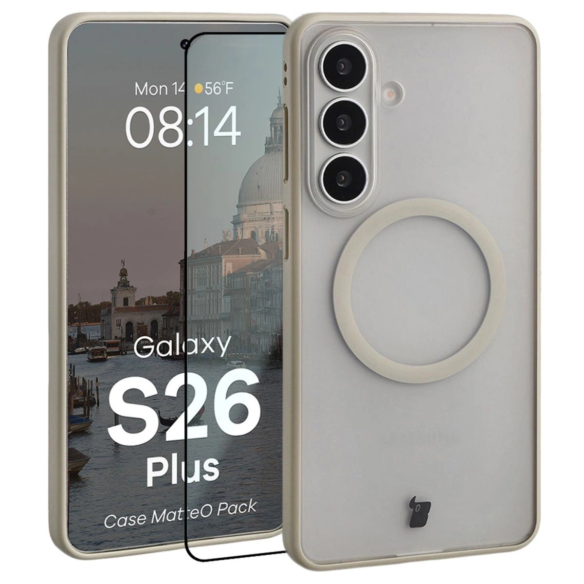 Etui z pierścieniem magnetycznym + szkło hartowane Bizon MatteO Pack do Galaxy S26 Plus, przydymione-beżowe