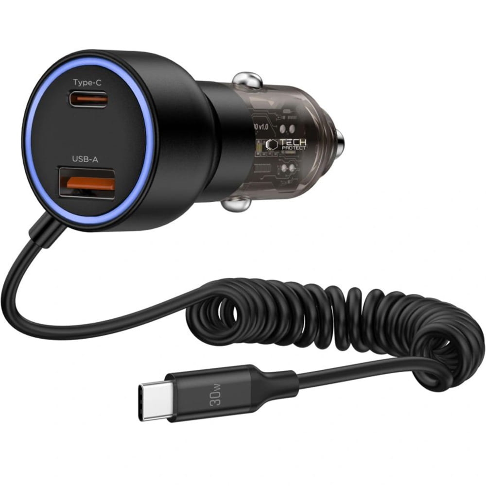 Ładowarka samochodowa Tech-Protect CC05 PD 60W,  1x USB-A / USB-C, wbudowany kabel USB-C 1m, czarna