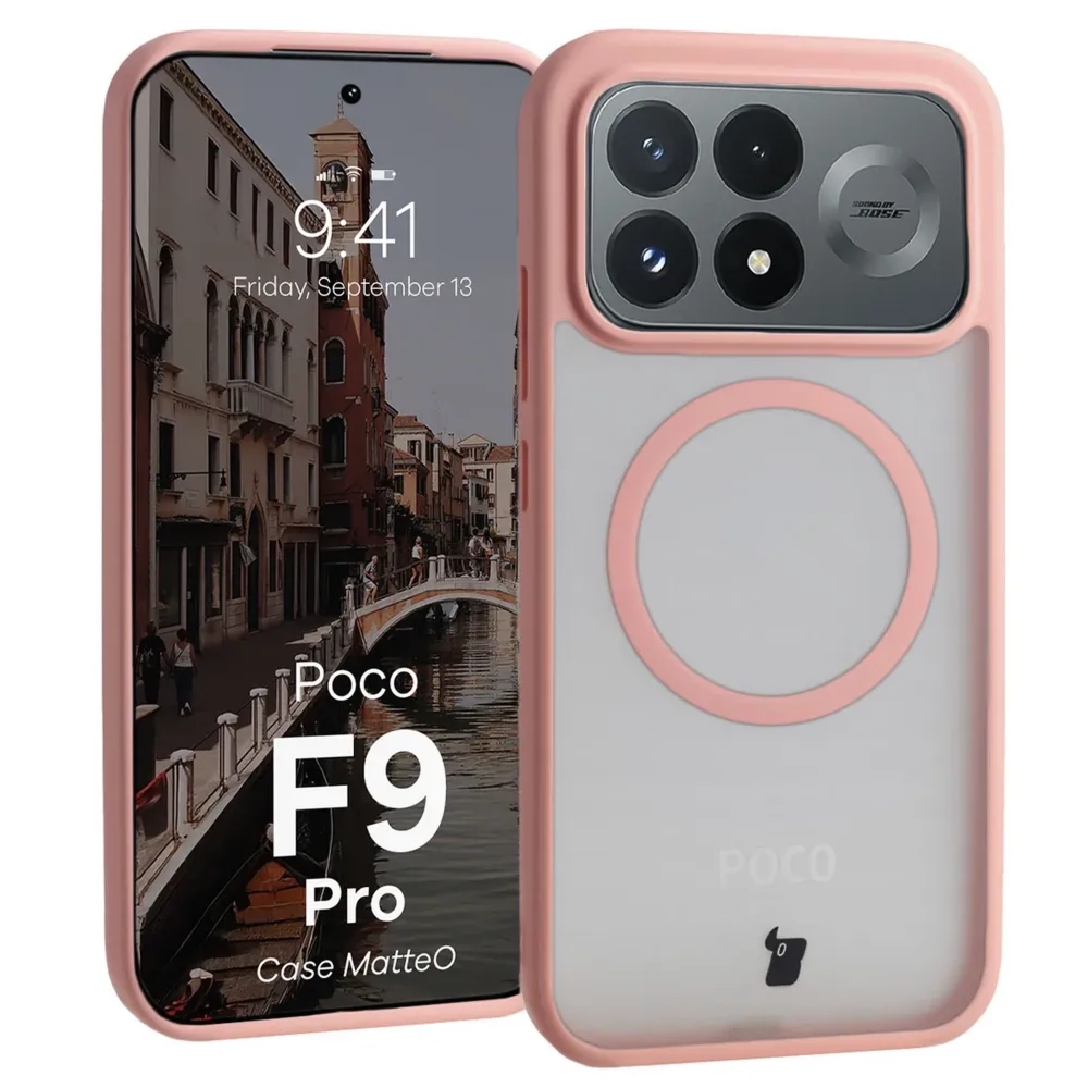 Etui z pierścieniem magnetycznym Bizon Case MatteO do Xiaomi POCO F9 Pro, przydymione-jasnoróżowe