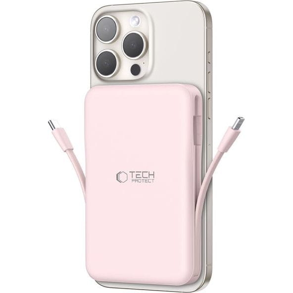 Image of Powerbank z ładowaniem indukcyjnym do MagSafe, Qi, 10000mAh 15W z wbudowanymi kablami USB-C i Lightning, Tech-Protect PB31 LifeMag, różowy