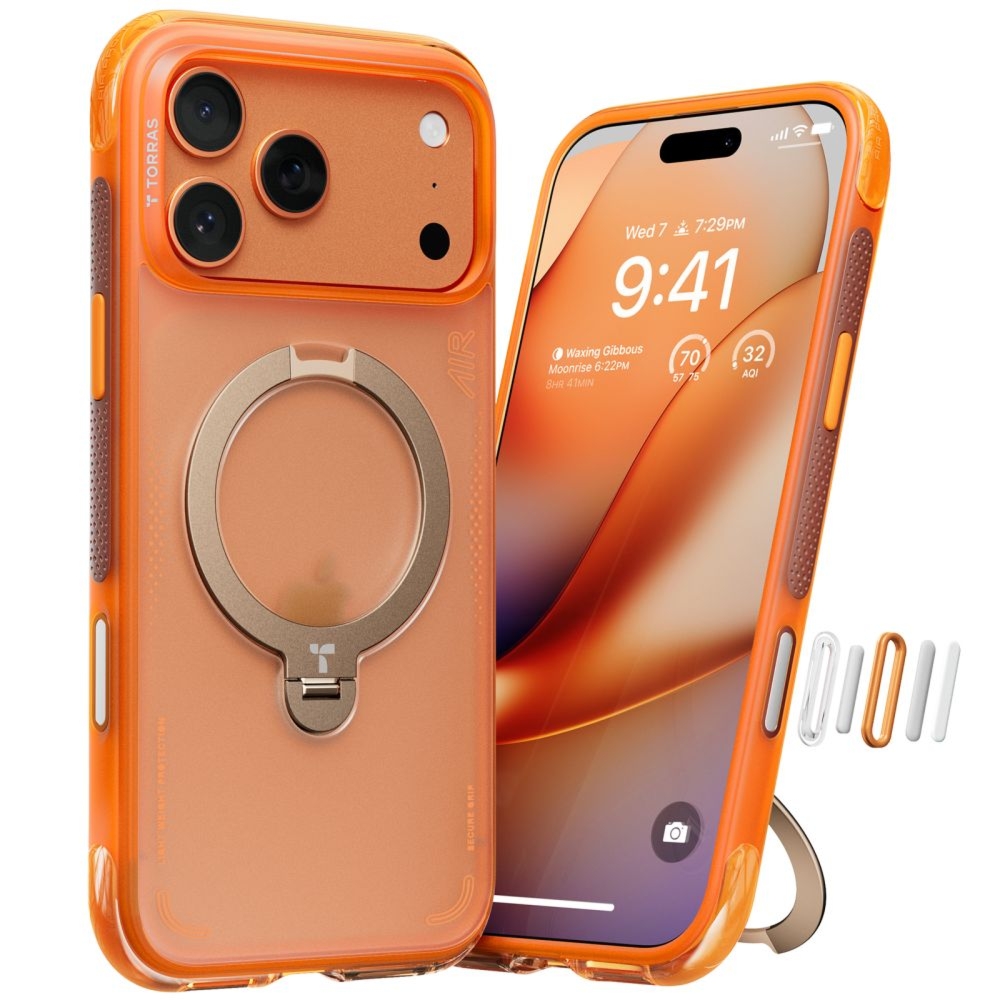 Etui z obrotową podstawką 360° Torras Ostand Q3 Air do MagSafe do iPhone 17 Pro, pomarańczowe