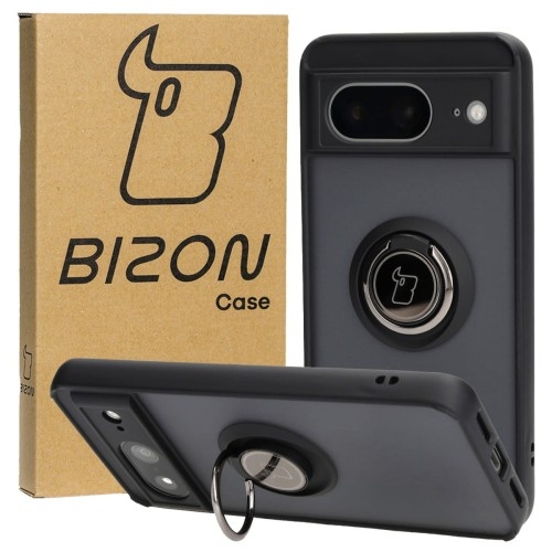 Image of Etui z uchwytem na palec Bizon Case Hybrid Ring do Google Pixel 8, przydymione z czarną ramką